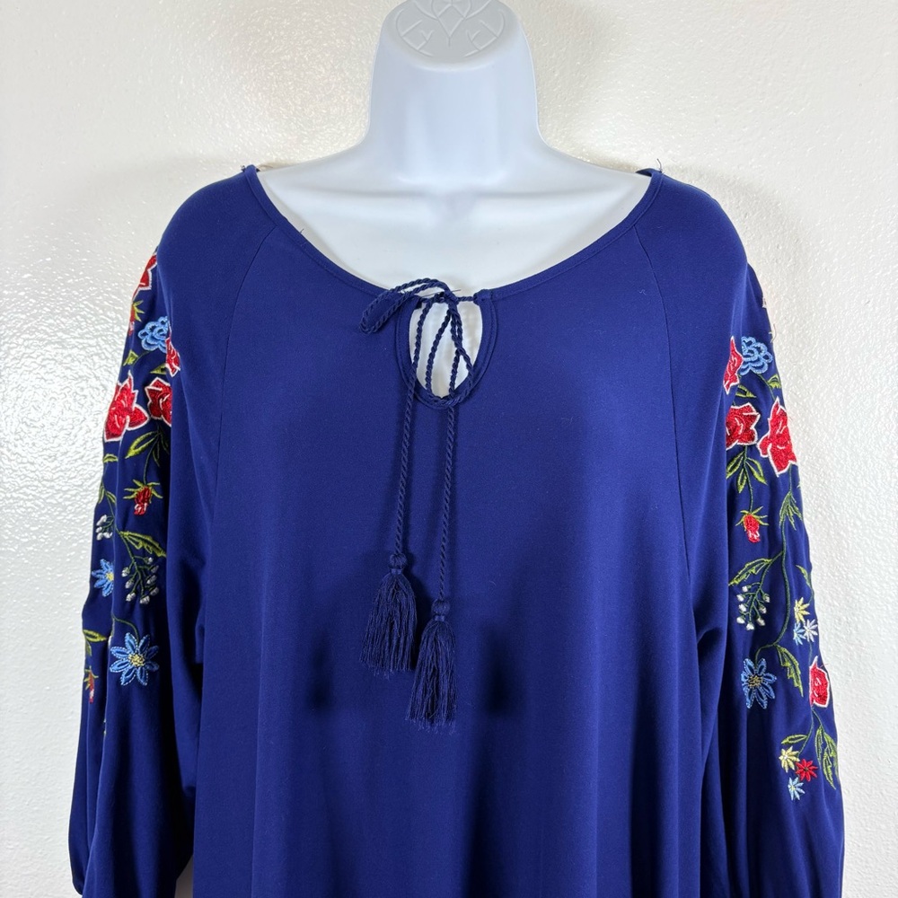 Alison Brittney Navy Blue Embroidered Sleeve Boho Dress Size L - Picture 3 of 12
